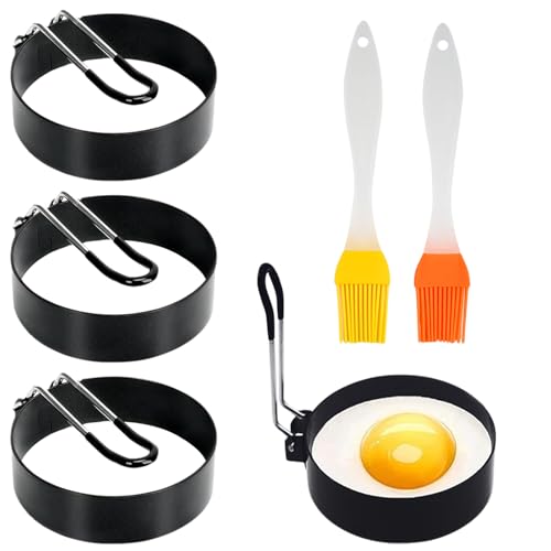 MAEXUS 4 Stück Eierringe SpiegeleiForm,9CM Edelstahl Eierringe,Antihaft Pfannkuchenform,Klappgriff,Einfach zu säubern,spiegeleierformen für die pfanne,Für Omeletts Burger-Patties Mit Silikonbürste von MAEXUS