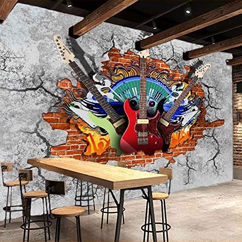 MAFANG Benutzerdefinierte 3D-Wandbilder Tapete Gitarre Rock Graffiti Art Broken Brick Wall KTV Bar Tooling Home Decoration Wandmalerei Wandbild Fresko, 300 * 210 cm von MAFANG