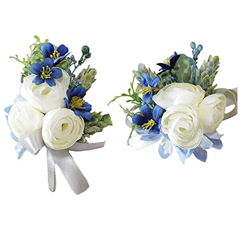 MAFELOE 2-teiliges Knopflochblumen-Set für Handgelenke, Bräutigam, Brautjungfern, Hochzeitsblumen, Accessoires, Abschlussball, Party, Anzug, Dekoration – Blau und Weiß von MAFELOE