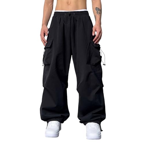 MAGAUSVZVK Cargohose for Herren Baggy Pants Kordelzug Elastische Taille Fallschirmhose Hip Hop Wanderarbeitshose Streetwear Leichte Outdoor-Jogginghose Palazzohose mit(Schwarz,XL) von MAGAUSVZVK