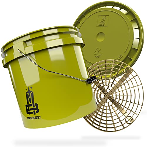 MAGIC BUCKET | Auto Handwäsche Bundle | Wascheimer mit passendem Eimer Deckel 3,5 US GALLONEN ca. 13 Liter | Mit Grit Guard Eimereinsatz Schmutzsieb | Waschset Khaki/Gold von MAGIC BUCKET