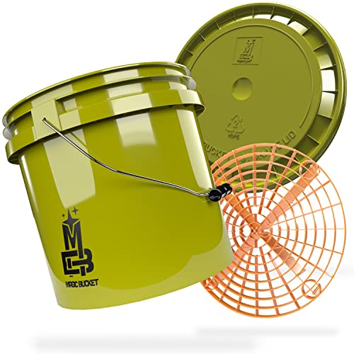 MAGIC BUCKET | Auto Handwäsche Bundle | Wascheimer mit passendem Eimer Deckel 3,5 US GALLONEN ca. 13 Liter | Mit Grit Guard Eimereinsatz Schmutzsieb | Waschset Khaki/Orange von MAGIC BUCKET