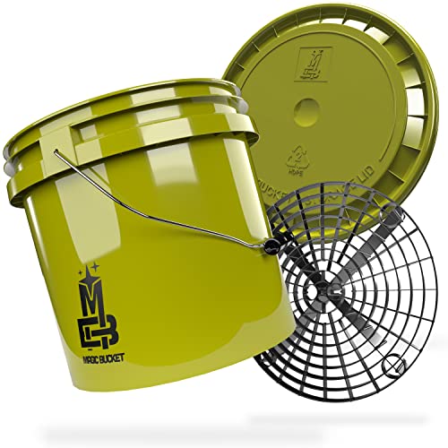 MAGIC BUCKET | Auto Handwäsche Bundle | Wascheimer mit passendem Eimer Deckel 3,5 US GALLONEN ca. 13 Liter | Mit Grit Guard Eimereinsatz Schmutzsieb | Waschset Khaki/Schwarz von MAGIC BUCKET