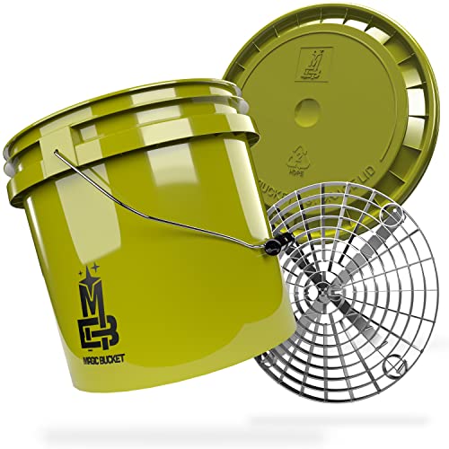 MAGIC BUCKET | Auto Handwäsche Bundle | Wascheimer mit passendem Eimer Deckel 3,5 US GALLONEN ca. 13 Liter | Mit Grit Guard Eimereinsatz Schmutzsieb | Waschset Khaki/Silber von MAGIC BUCKET