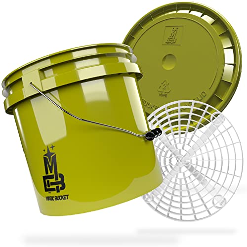 MAGIC BUCKET | Auto Handwäsche Bundle | Wascheimer mit passendem Eimer Deckel 3,5 US GALLONEN ca. 13 Liter | Mit Grit Guard Eimereinsatz Schmutzsieb | Waschset Khaki/Weiß von MAGIC BUCKET