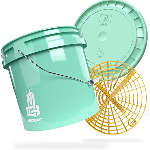 MAGIC BUCKET | Auto Handwäsche Bundle | Wascheimer mit passendem Eimer Deckel 3,5 US GALLONEN ca. 13 Liter | Mit Grit Guard Eimereinsatz Schmutzsieb | Waschset Mint/Gelb von MAGIC BUCKET