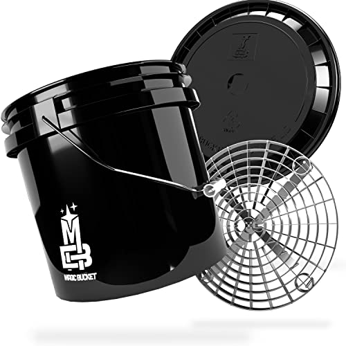 MAGIC BUCKET | Auto Handwäsche Bundle | Wascheimer mit passendem Eimer Deckel 3,5 US GALLONEN ca. 13 Liter | Mit Grit Guard Eimereinsatz Schmutzsieb | Waschset Schwarz/Silber von MAGIC BUCKET