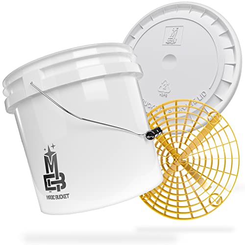 MAGIC BUCKET | Auto Handwäsche Bundle | Wascheimer mit passendem Eimer Deckel 3,5 US GALLONEN ca. 13 Liter | Mit Grit Guard Eimereinsatz Schmutzsieb | Waschset Weiß/Gelb von MAGIC BUCKET