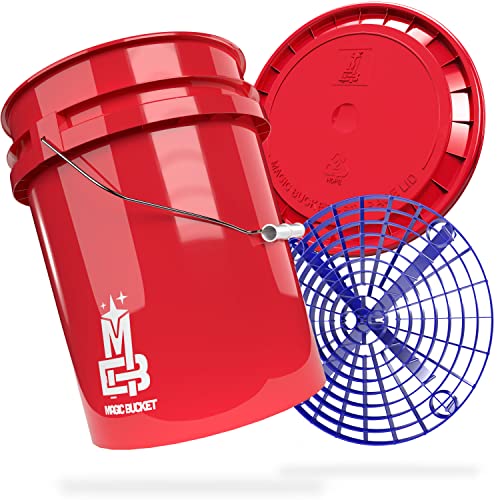 MAGIC BUCKET | Auto Handwäsche Bundle | Wascheimer mit passendem Eimer Deckel 5 US GALLONEN ca. 20 Liter | Mit Grit Guard Eimereinsatz Schmutzsieb | Waschset Rot/Blau von MAGIC BUCKET