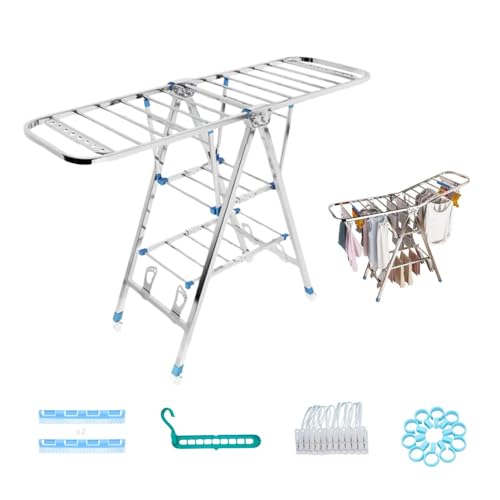 Wäscheständer Edelstahl 304 faltbar mit 2 Ebenen, hält einem Gewicht von 120 kg stand. Trocknen und Lüften von Kleidung. Für den Innen- und Außenbereich mit verstellbaren Flügeln und Schuhablage von MAGIC SELECT