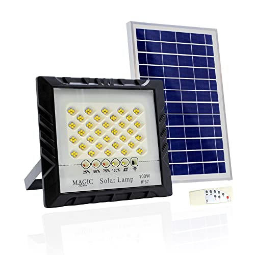 MAGIC SELECT Wand Solar Flutlicht 100W-128LED mit Photovoltaik Solarmodul mit Fernbedienung, Automatischem Zündsensor. IP67 Solarstrahler für Terrasse, Garten, Garagenbeleuchtung. von MAGIC SELECT
