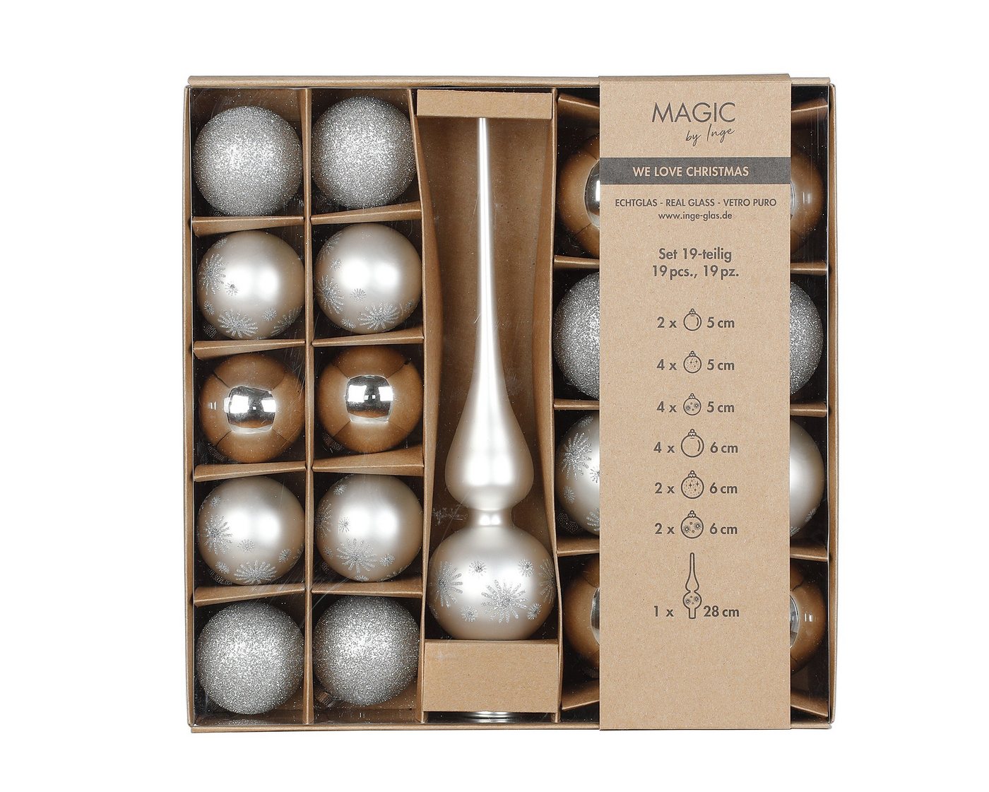 MAGIC by Inge Weihnachtsbaumkugel, Weihnachtskugeln Glas mit Motiv und Spitze 19er Set - Frosty Silver von MAGIC by Inge