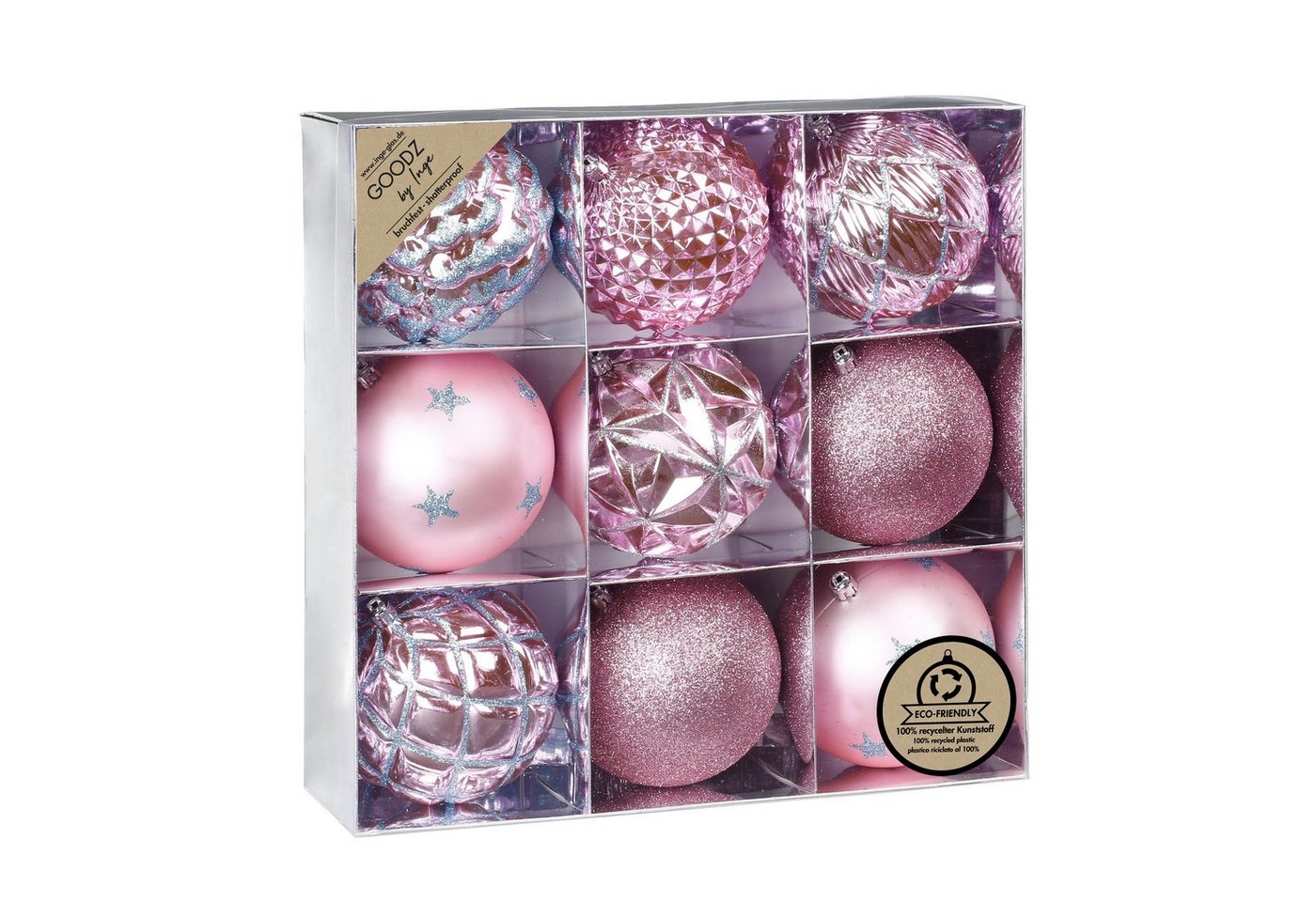 MAGIC by Inge Weihnachtsbaumkugel, Weihnachtskugeln Kunststoff 10cm Muster / Glitzer Mix 9er Set - Rosa von MAGIC by Inge