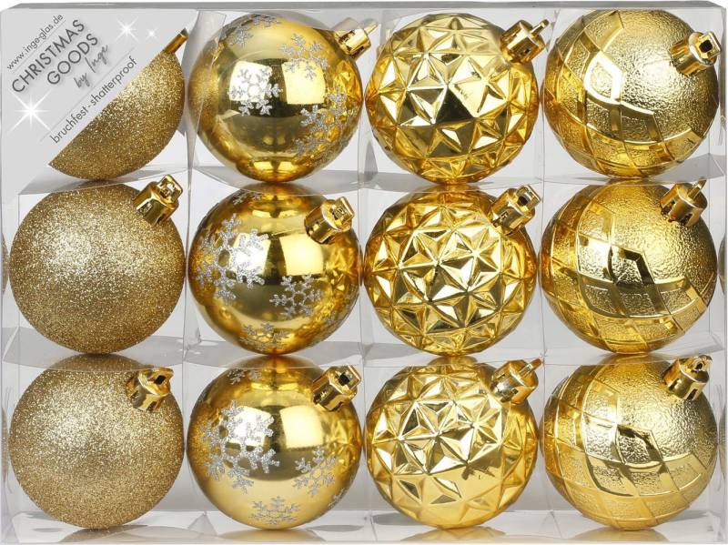 MAGIC by Inge Weihnachtsbaumkugel, Weihnachtskugeln Kunststoff mit Muster Mix 6cm gold, 12er Set von MAGIC by Inge