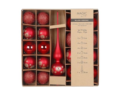 MAGIC by Inge - Weihnachtskugeln Set 19-teilig Merry Red, mit Christbaumspitze und Kugeln, Christbaumschmuck Glas von MAGIC by Inge