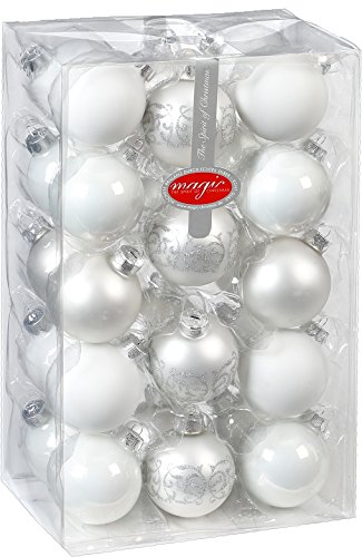 MAGIC 28 Christbaumkugeln 6cm mit Dekor Glas Weihnachtsschmuck Box Weihnachtskugeln Christbaumschmuck Weihnachtsdeko Farbe: Just White-Mix (weiß) von MAGIC