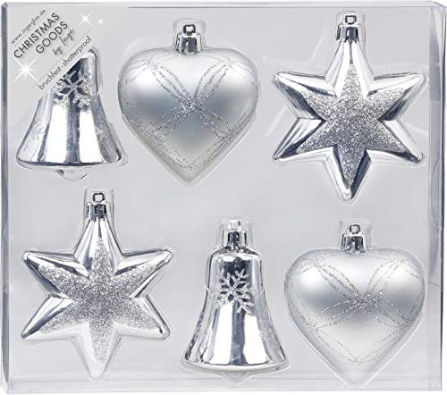 Magic 6 STK. Weihnachtskugeln Kunststoff 9cm Formen-Sortiment Glocke Herz und Stern Christbaumschmuck Weihnachtsdeko Weihnachtsschmuck Silber von Inge-glas