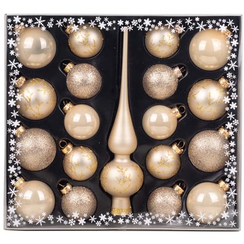 MAGIC Kugelsortiment Glas Dekor 19 TLG. mit Spitze Christbaumkugeln Christbaumschmuck Tannenbaum Deko Weihnachten Weihnachtskugeln (Champagne | Creme) von ottosvo