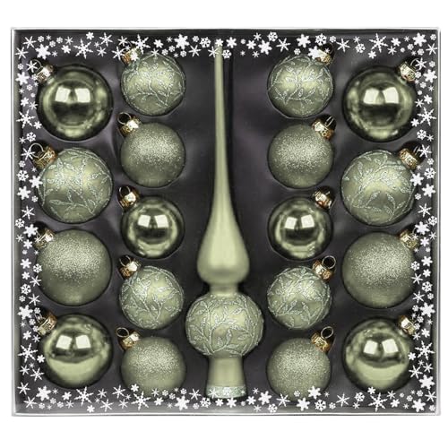 MAGIC Kugelsortiment Glas Dekor 19 TLG. mit Spitze Christbaumkugeln Christbaumschmuck Tannenbaum Deko Weihnachten Weihnachtskugeln (Mild Sage) von MAGIC