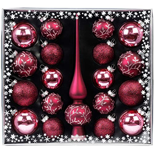 MAGIC Kugelsortiment Glas Dekor 19 TLG. mit Spitze Christbaumkugeln Christbaumschmuck Tannenbaum Deko Weihnachten Weihnachtskugeln Farbe: Berry Kiss Beere Glanz matt von MAGIC