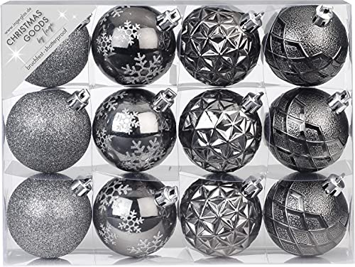 MAGIC Weihnachtskugeln Kunststoff 6cm x 12 Stück Set mit Muster Mix Christbaumkugeln anthrazit von Magic: The Gathering