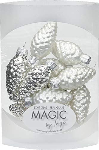 Magic 12 Zapfen 4,5 cm Glas Weihnachtsschmuck Weihnachtsdeko Christbaumkugeln Christbaumschmuck 45mm, Farbe: Silber Glanz/weiß matt von MAGIC