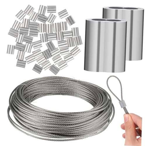 MAGICLULU 1 Rolle Drahtseil mit Aluminiumhülsen Rostfrei Stark und Langlebig für Hängemontagen Zaunbau und DIY Projekte Vielseitig Einsetzbar von MAGICLULU