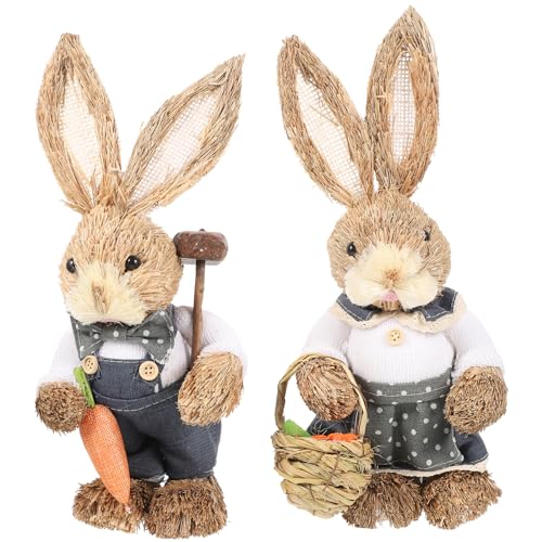 MAGICLULU 2st Handgefertigter Hase Aus Stroh Osterhasen-Ornamente Frühlingsdeko Aus Stroh Geflochtener Hase Osterdeko Hasenfigur Hasengartenstatue Liebhaber Baumwolle Schreibtisch Karotte von MAGICLULU