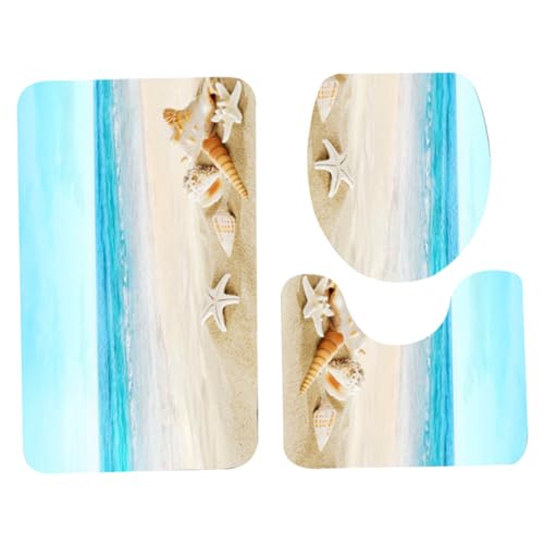 MAGICLULU 3 Stück Teiliges Toilettenmatten Set mit Strandmotiv rutschfeste Badezimmermatte für Wc und Toilettensitzabdeckung Waschbar und Pflegeleicht von MAGICLULU