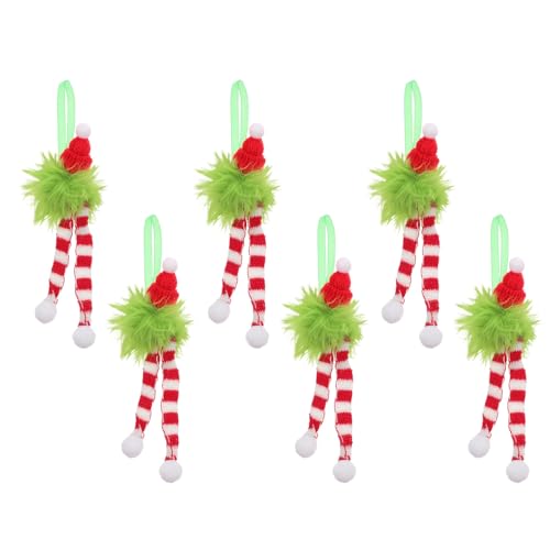 MAGICLULU 6 Stück Teiliges Weihnachtsbaum-hängedekor mit Langem Weichem Plüsch Grüne Flauschige Kugeln mit Rotem Mützchen und Rot-weiß Gestreiftem Schal Saisonale Vielseitige von MAGICLULU