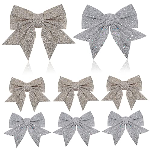 MAGICLULU 8 Stück Teiliges Weihnachtsbaumschmuck mit Glitzernden Schleifen Champagner und Silber Vielseitige Christbaumanhänger für Festliche Dekoration von Wand Kamin und Regal von MAGICLULU