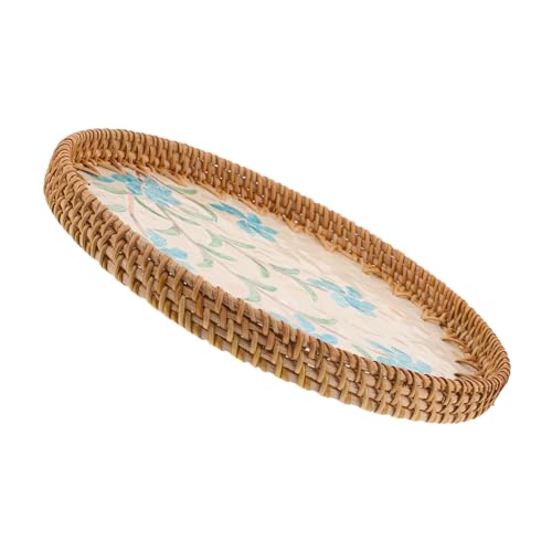 MAGICLULU Muschel Rattan Tischtablett Dekor Rundes Couchtischtablett Couchtisch Rattantablett Rundes Muschel Kaffeetablett Couchtisch Servierplatte Rattan Tablett Platte von MAGICLULU