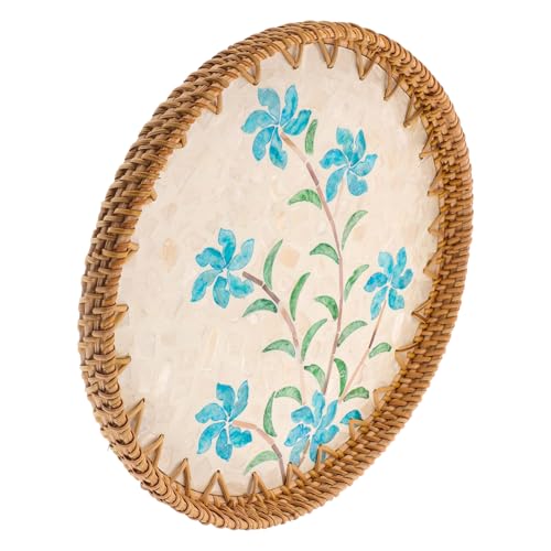 MAGICLULU Rattan Dekoratives Tablett Rund Handgefertigt Boho Stil mit Muscheleinlage Stabiler Kaffeetisch Servierteller für Küche Wohnzimmer Snacks Getränke Vielseitig und Atmungsaktiv von MAGICLULU