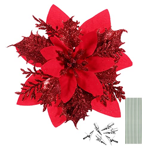 MAGICLULU Weihnachtsdekorationen 12pcs Christmas Glitter Artificial Poinsettia Flowers Christmas Tree Flowers Ornaments Party Decoration with 12pcs Stems and Clips Christbaumschmuck von MAGICLULU