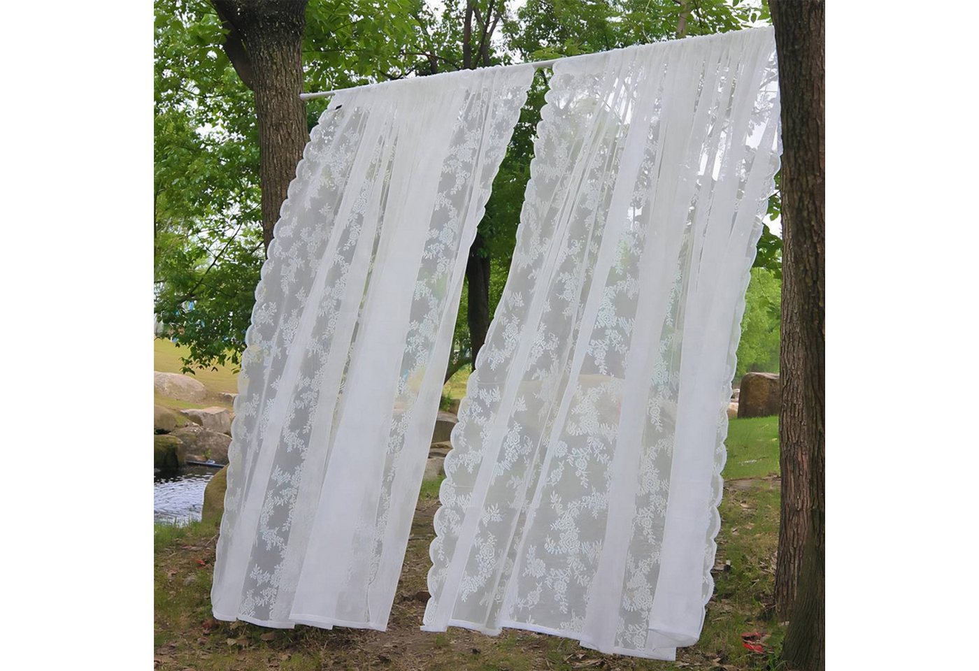 Gardine Gardinen Weiß Transparent Spitze Vorhang mit Stangentaschen, MAGICSHE, (2 St), 2 Paneele von MAGICSHE
