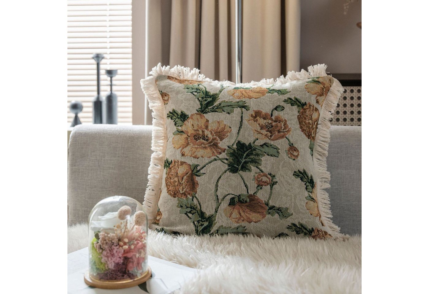 Kissenbezug Tapisserie Kissenbezug Blumen Muster Kissenhülle, MAGICSHE, Sofa Kissenbezug mit kleinen Quasten von MAGICSHE