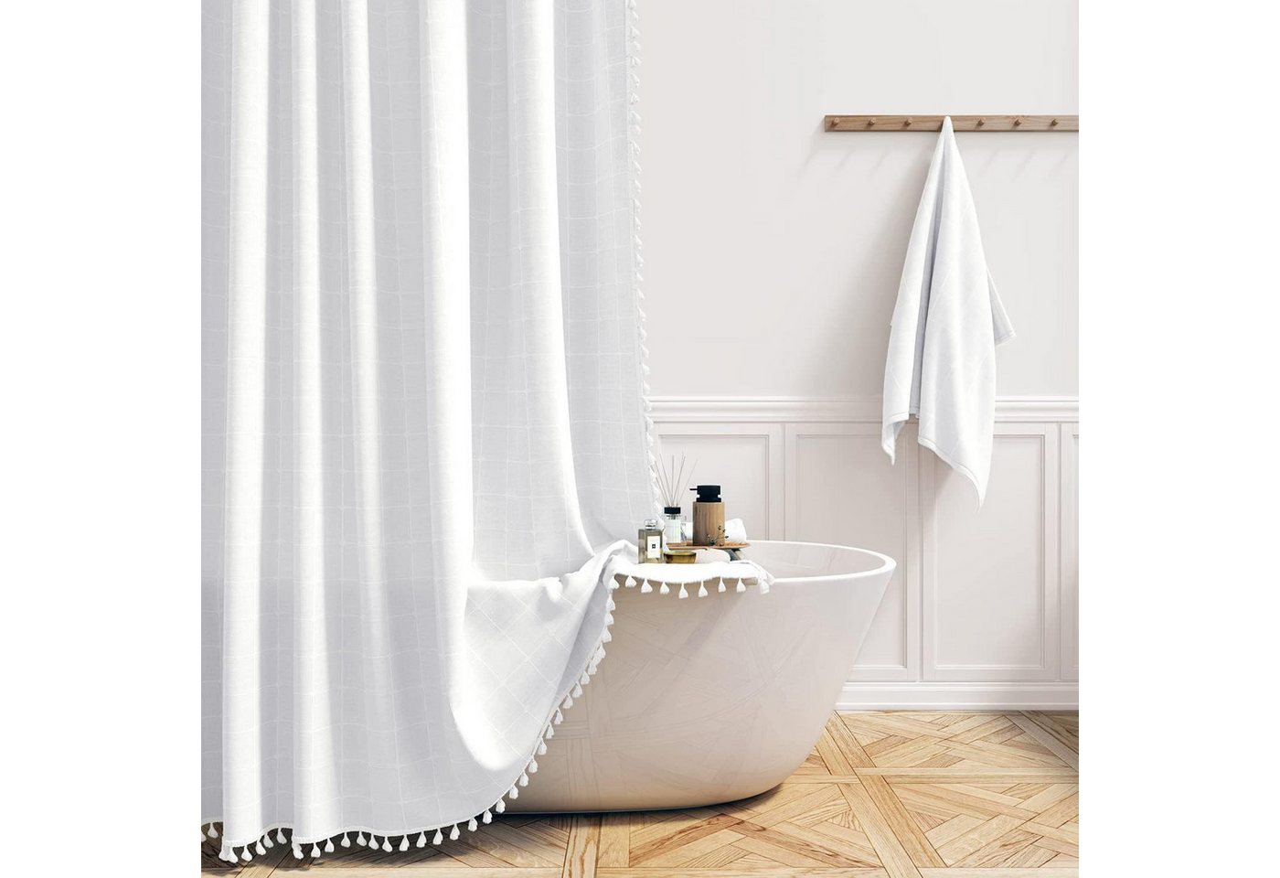 MAGICSHE Duschvorhang Boho Duschvorhang mit Quaste für badewanne, Leinen, Wasserdicht Breite 183 cm von MAGICSHE
