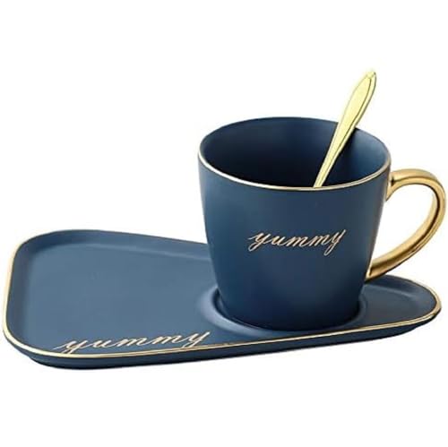 MAGICVOGEL 250ml Espressotasse mit großer Untertasse Porzellan Kaffeetasse kerative Cappuccino Tasse mit Kuchenteller und Löffel Geschenk für Geburtstag Valentinstag Weihnachten (Blau) von MAGICVOGEL