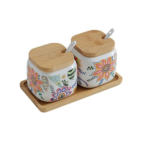 MAGICVOGEL 2er Set Gewürzdosen mit Deckel und Löffel Blumenmuster Gewürzbehälter Porzellan Zuckerdose mit Holztablett 360ml Salzdose Aufbewahrungsdose (Blumen) von MAGICVOGEL