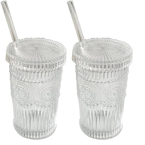 MAGICVOGEL 2er Set Glasbecher mit Deckel und Strohhalm,380ml Trinkgläser Eiskaffeebecher Cocktail Gläser Trinkbecher für Saft, Milch, Kaffee,Joghurt,Smoothie (Sonnenblumen) von MAGICVOGEL
