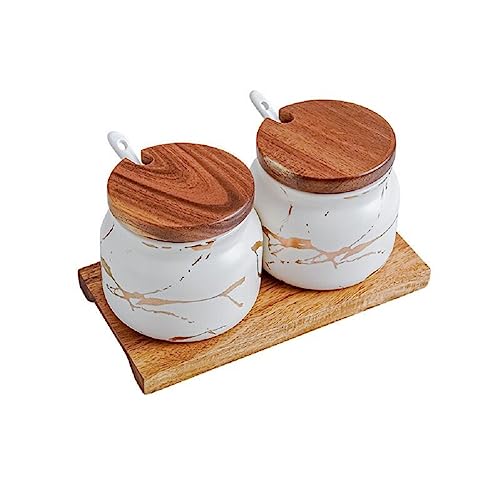 MAGICVOGEL 2er Set Marmoroptik Gewürzdosen mit Deckel und Löffel,Rund Keramik Gewürzbehälter Zukerdosen mit Tablett Gewürzhalter für Zucker Salz Gewürze Kraeuter (Weiß) von MAGICVOGEL