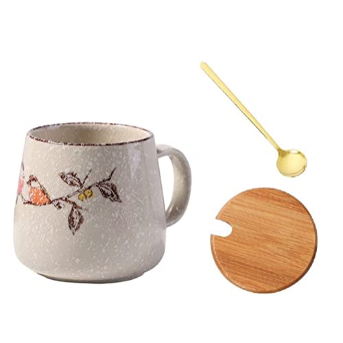 MAGICVOGEL 350ml Kaffeebecher Keramik Kaffeetasse mit Deckel und Löffel Espressotasse Teetasse Geschenke für Geburtstag Weihnachten Muttertag Vatertag (Vogel) von MAGICVOGEL