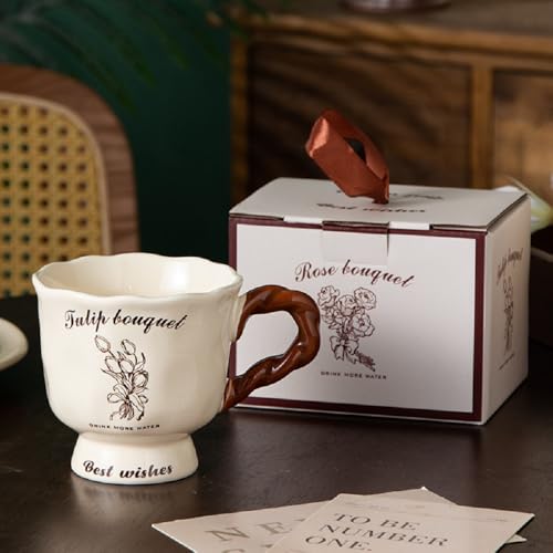 MAGICVOGEL 400ml Kaffeebecher Porzellan Kaffeetasse Blumenmuster Kakaobecher Müslibecher Teetasse Trinkbecher mit Henkel Geschenk für Mädchen Frauen Freundin Oma (Tulpen) von MAGICVOGEL