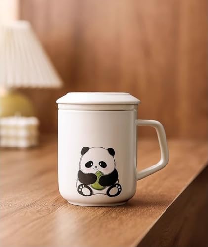 MAGICVOGEL 420ml Teetasse mit Deckel und Sieb,süß Panda Teebecher mit Teesieb für Losen Teeblätter,Cartoon Panda Muster Keramiktasse Geschenk für Männer Frauen Teeliebhaber (Keramik-Griff) von MAGICVOGEL