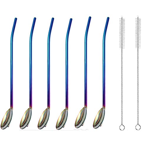 MAGICVOGEL 6 Stück 21.6cm Trinkhalmlöffel Edelstahl Strohhalmlöffel lang Trinklöffel Trinkhalm mit 2 Reinigungsbürsten Wiederverwendbar Kaffeelöffel Dessertlöffel (Bunt) von MAGICVOGEL