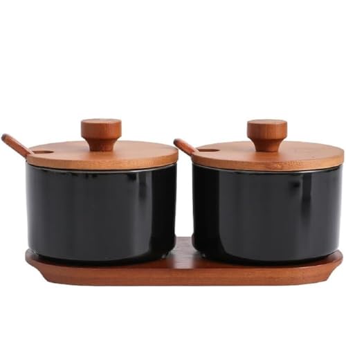 MAGICVOGEL Gewürzdose Gewürzgläser aus Keramik Zuckerdose mit Deckel und Löffel 200ml Zuckerbehälter Küche Gewürzbehälter für Zucker Salz Gewürze (Schwarz,2er Set) von MAGICVOGEL