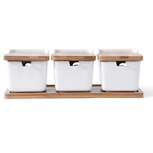 MAGICVOGEL Gewürzdose Keramik Gewürzbehälter Zuckerdose Salzdose mit Löffel und Deckel Küche Gewürzhalter für Kräutern Zucker Salz Pfeffer (3xGewürzdose mit Tablett) von MAGICVOGEL