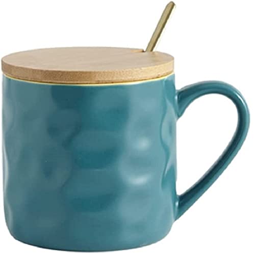 MAGICVOGEL Kaffeetasse mit Holzdeckel und Löffel 400ml große Keramiktasse Modern Kaffeebecher Trinkbecher mit großem Henkel Kakaobecher für Büro und Zuhause (Blau) von MAGICVOGEL