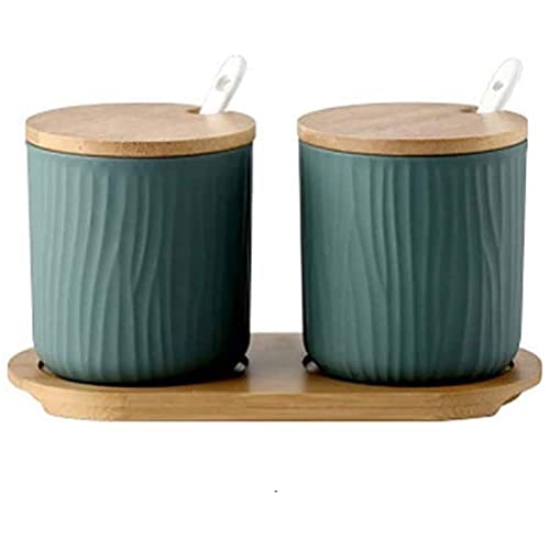 MAGICVOGEL Keramik Gewürzbehälter Salz Pfeffer Gewürze Behälter Dose Zuckerdose mit Deckel und Löffel 2 Stück set für Küche und Esstisch (Grün) von MAGICVOGEL