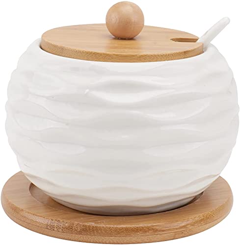 MAGICVOGEL Keramik Gewürzgläser Weiß Zuckerdose Salzdose mit Bambusdeckel und Löffel Gewürzbehälter für Haus Küche Esstisch (Type-1) von MAGICVOGEL